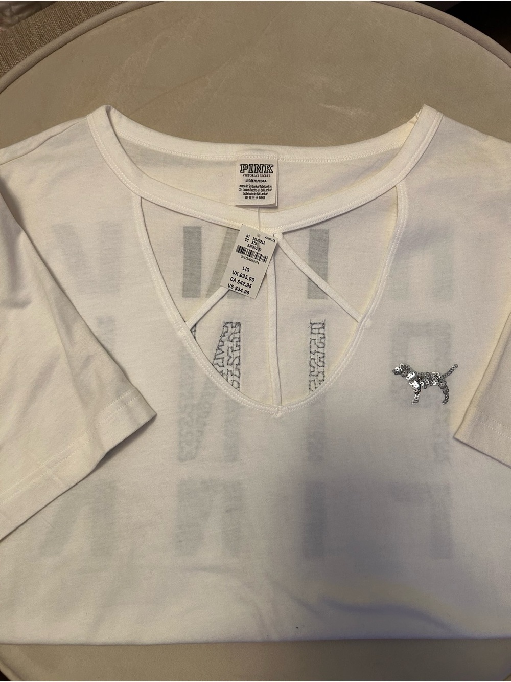 PINK Victoria's Secret White Short-Sleeve V-Cut Tee with Sequin Dog